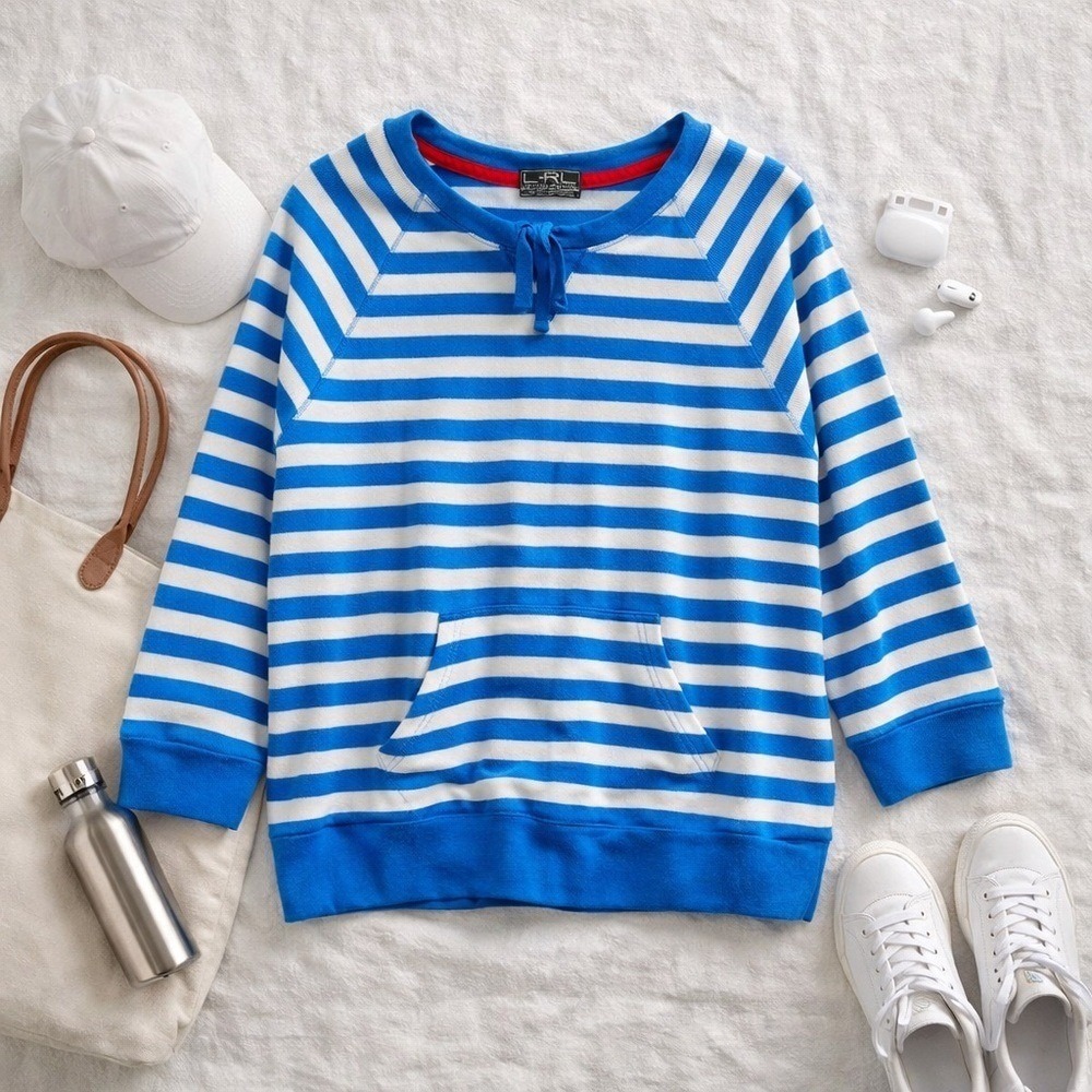 Lauren Active Ralph Lauren Blue White Striped Thermal Waffle Knit Sweatshirt